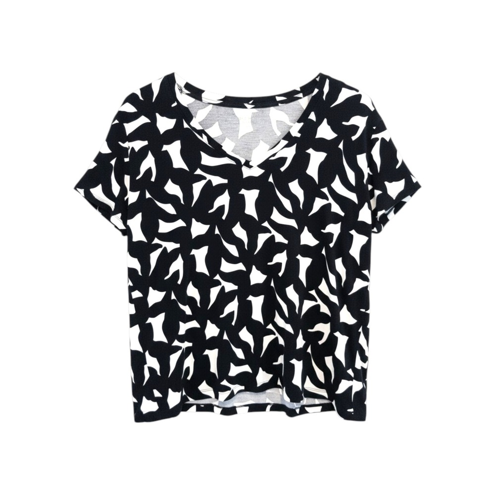 Nine West Soft Spun Top Women M Abstract Black White Modern Bold Print Tee